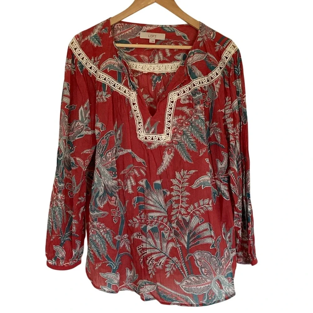 LOFT Women's Floral Cotton Boho Top Size Large Red Teal Lightweight Summer - Picture 1 of 11
